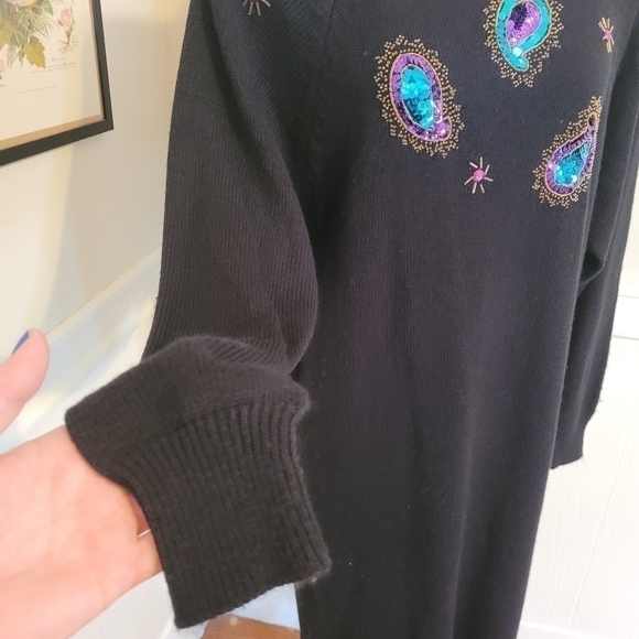VINTAGE 80s Sequin Beaded Maxi Sweater Dress Long Sleeve Medium - Picture 4 of 8